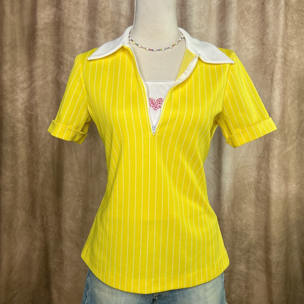 Vintage 70s Pinstripe Polyester Shirt Dagger Collar Yellow 1/4 Zip Retro Disco
